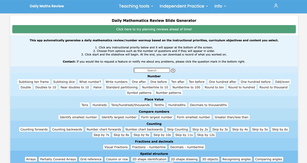 Screenshot of the old Daily Mathematics Review Slide Generator page