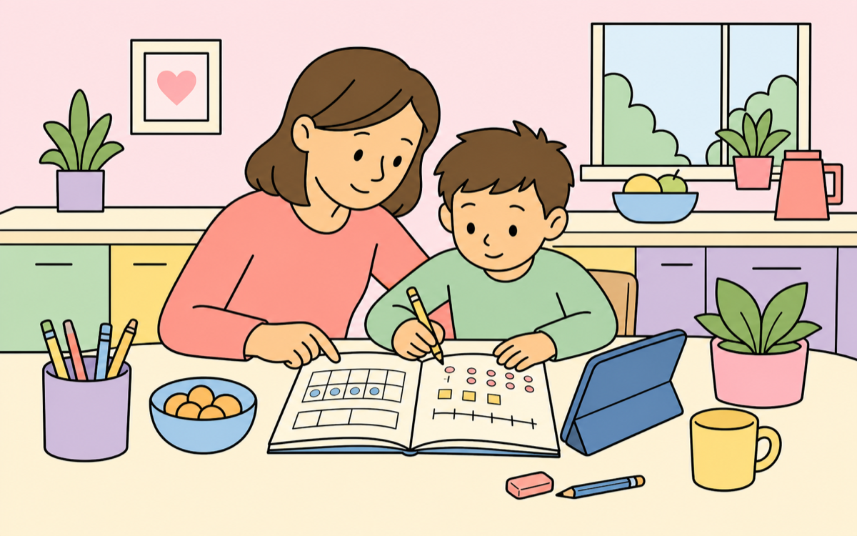 Pastel home scene with a parent and child doing a short maths practice routine together.