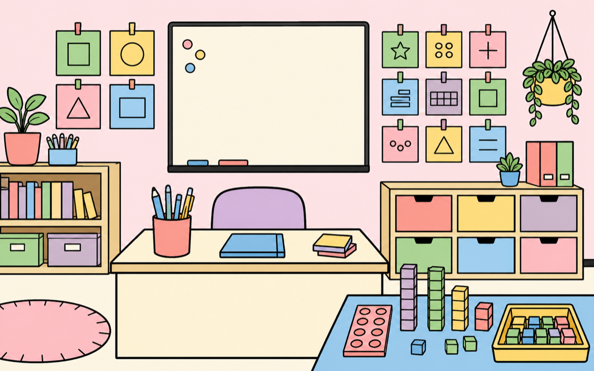 Pastel classroom setup with maths review cards, manipulatives and a whiteboard.